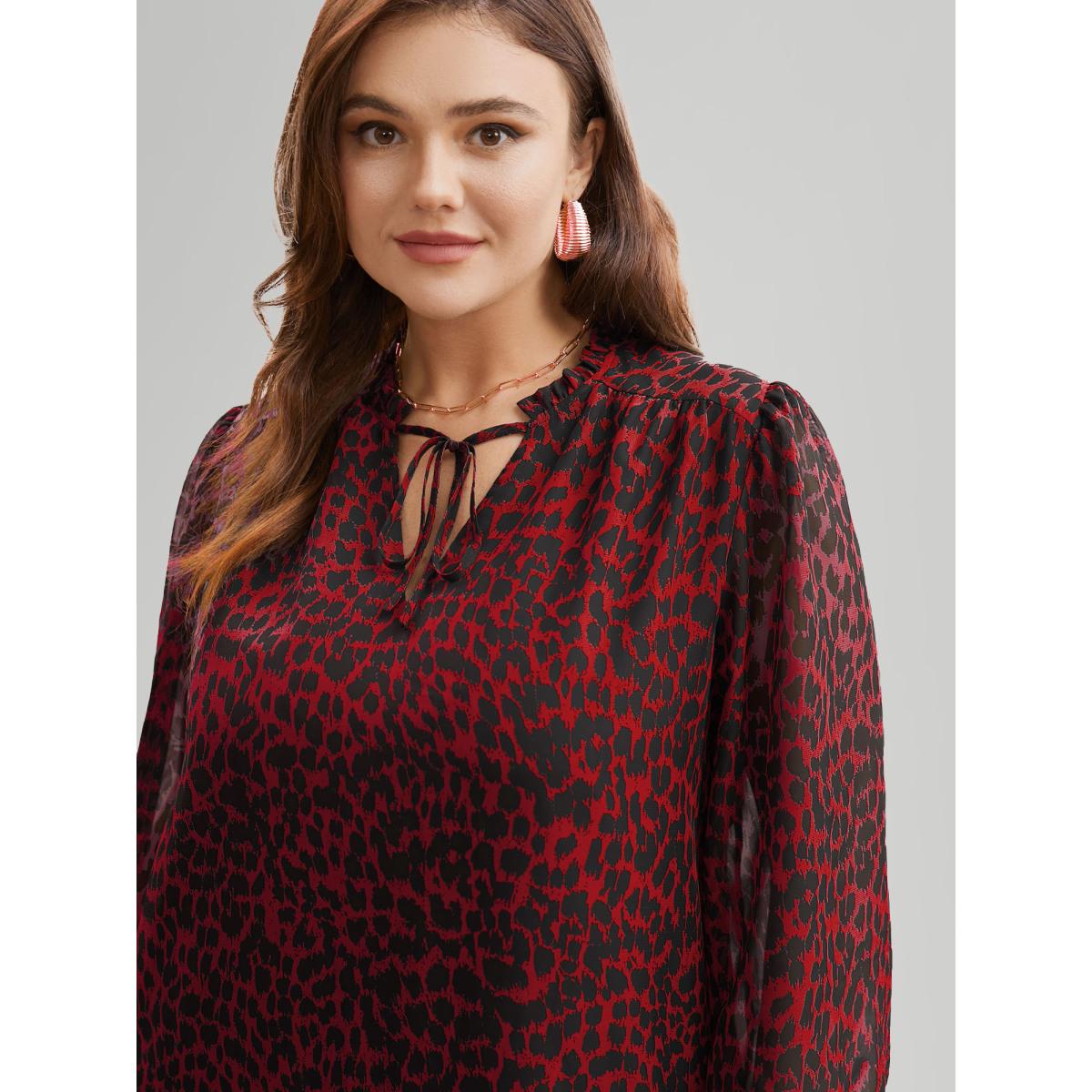 Plus Size Crimson Leopard Print Tie Knot Lantern Sleeve Blouse Women Romantic Long Sleeve V-neck Elegant Blouses BloomChic 14-16/1X Product Image