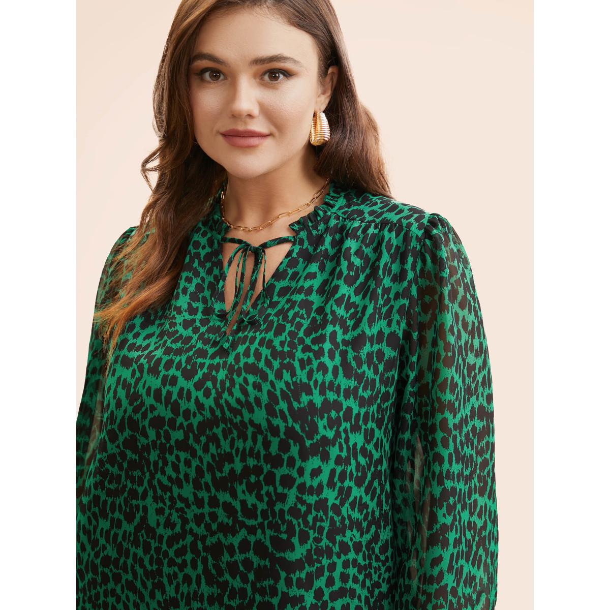 Plus Size DarkGreen Leopard Print Tie Knot Lantern Sleeve Blouse Women Romantic Long Sleeve V-neck Elegant Blouses BloomChic 30/6X Product Image