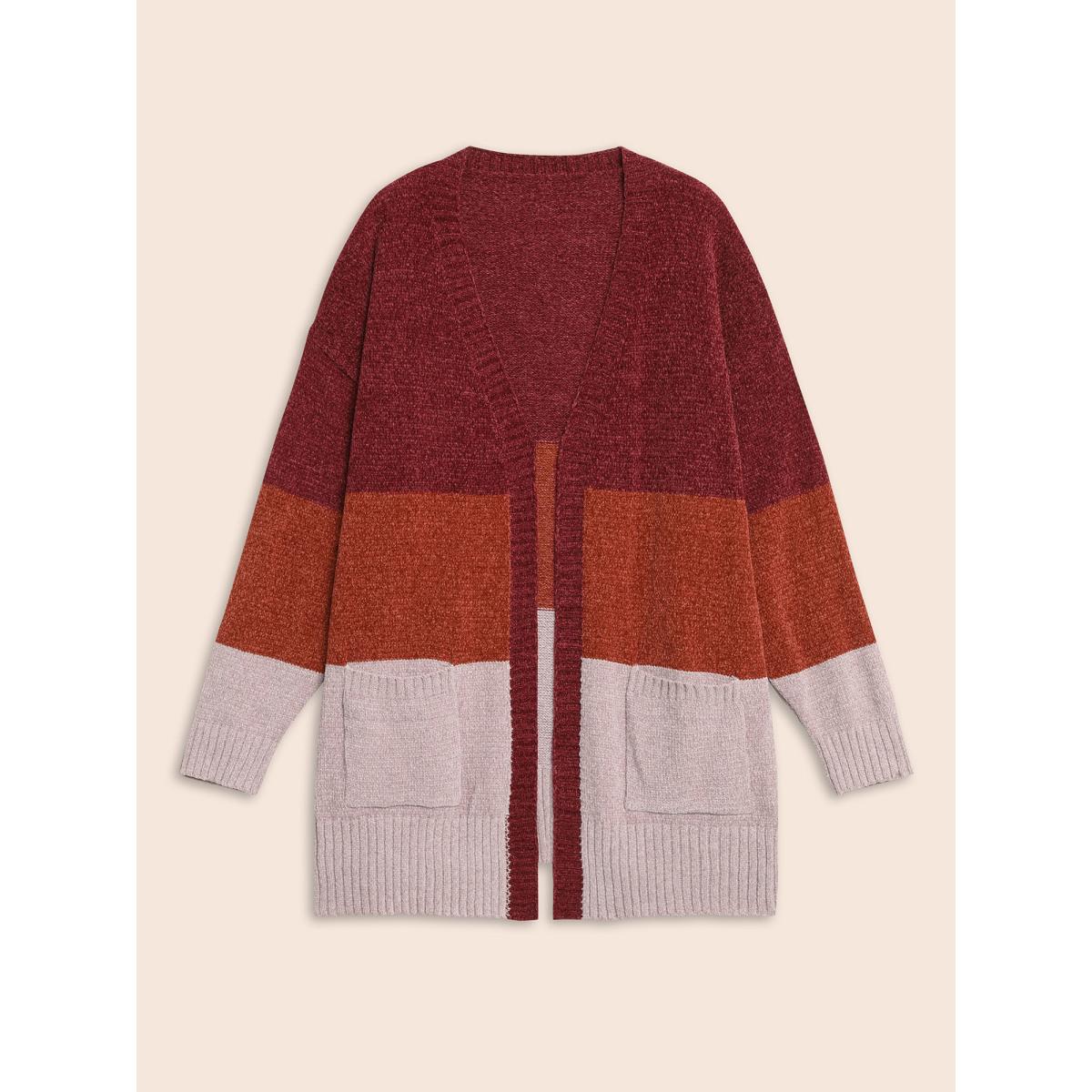 Plus Size Colorblock Contrast Patch Pocket Cardigan Yellowishbrown Women Leisure Loose Long Sleeve Casual Cardigans BloomChic 12/L Product Image