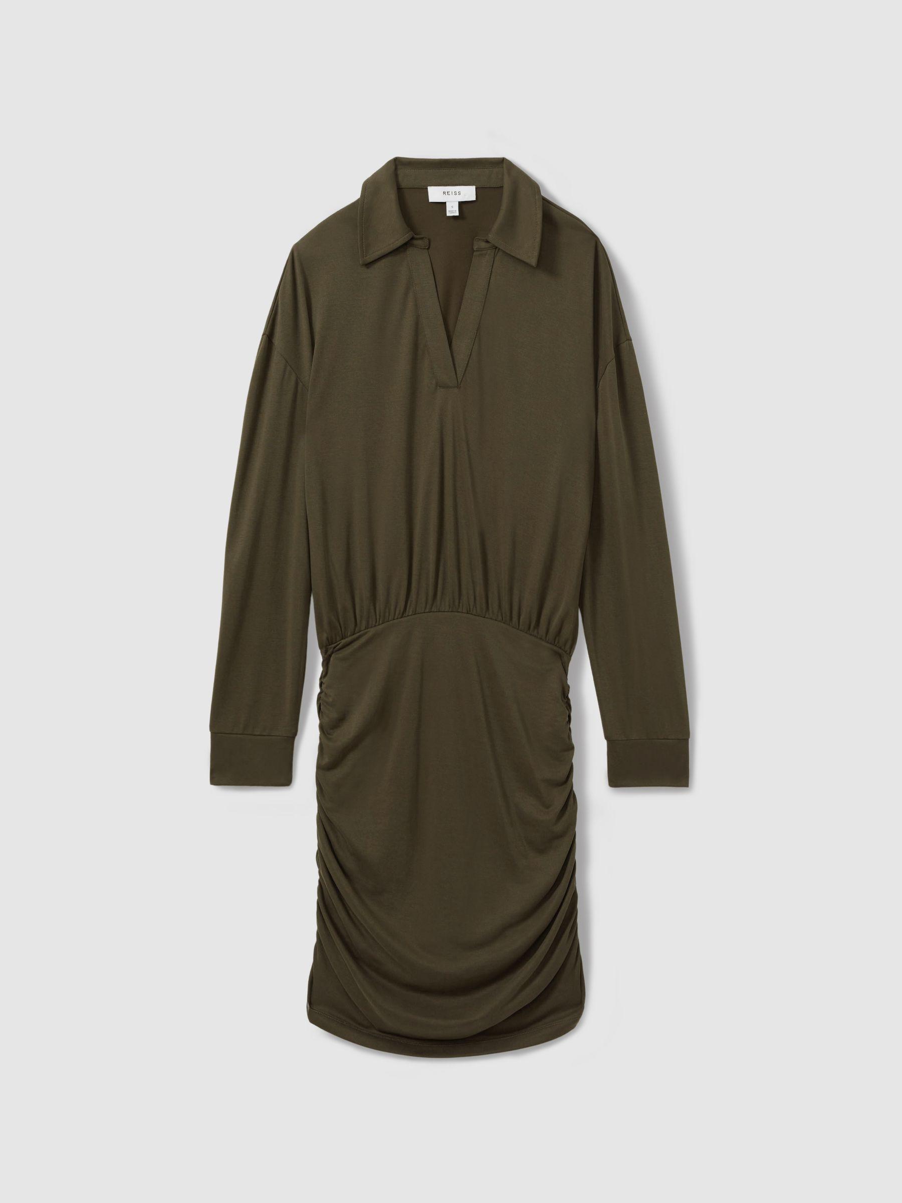 Victoria Khaki Ruched Jersey Open-Collar Mini Dress Product Image