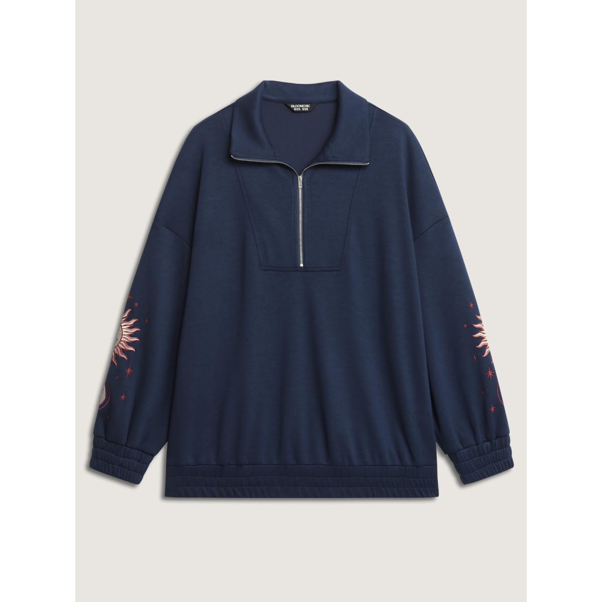 Plus Size Supersoft Embroidered Half-Zip Sweatshirt Women Navy Leisure Embroidered Lapel Collar Casual Sweatshirts BloomChic 22-24/3X Product Image