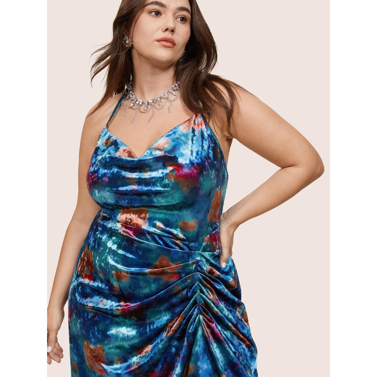 Plus Size Colored Floral Velvet Cowl Neck Ruched Cami Dress Teal Women Party Velvet Cowl Neck Sleeveless Curvy Midi Dress BloomChic 22-24/3X Product Image