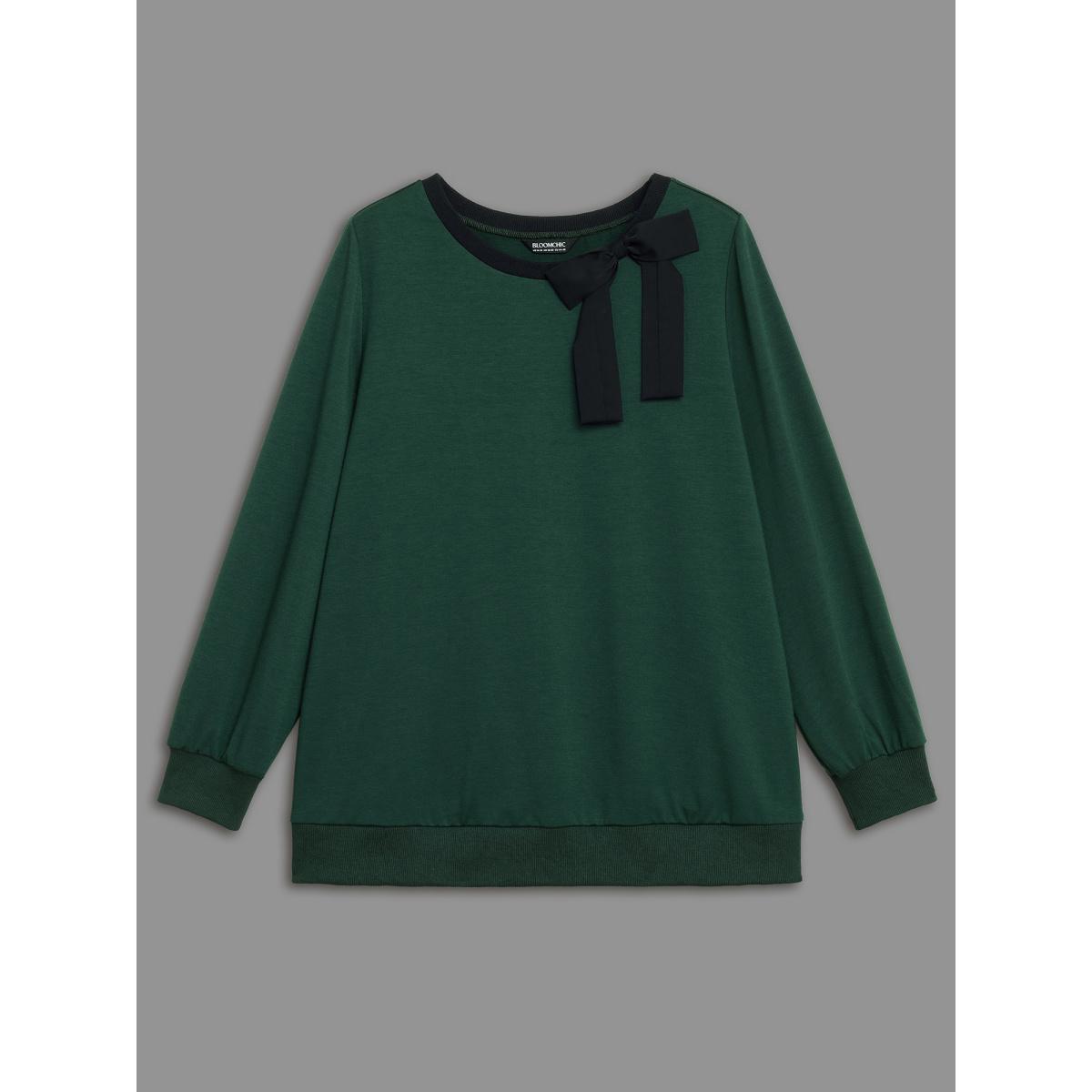 Plus Size Bow-tie Detailing High Neck Sweatshirt Women DarkGreen Leisure Contrast Round Neck Casual Sweatshirts BloomChic 14-16/1X Product Image