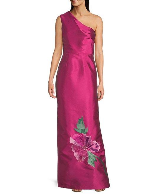 Kay Unger Taffeta Beaded Floral Placement Print One Shoulder Neck Sleeveless Column Gown Product Image