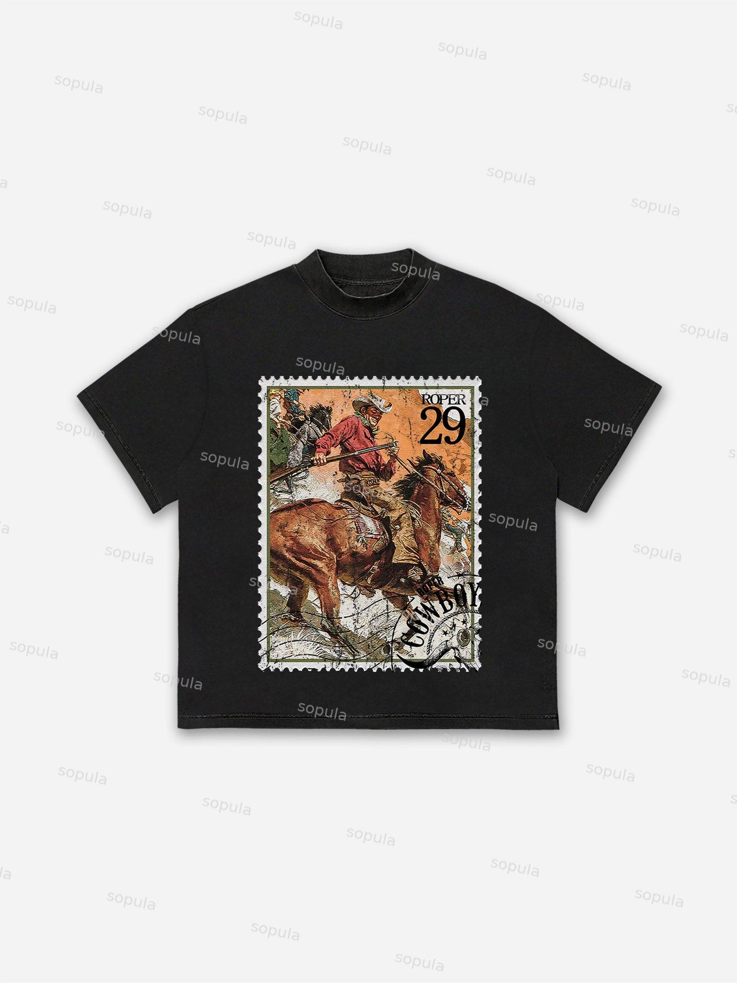 Rodeo Cowboy Stamp Print Cotton T-shirt Product Image