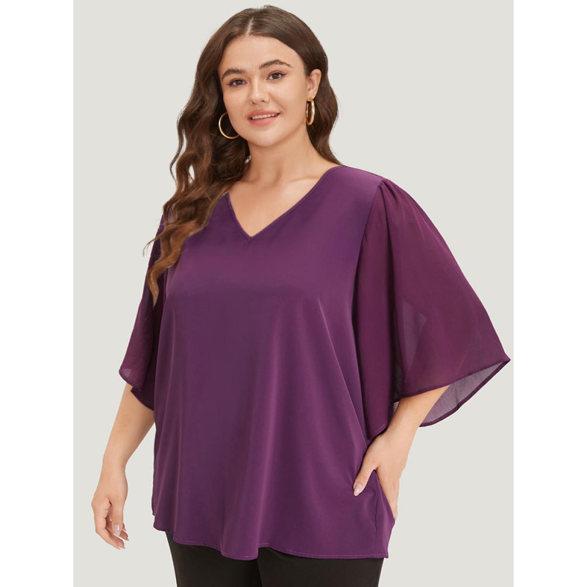 Plus Size Purple Anti-Wrinkle Plain V Neck Mesh Patchwork Flutter Sleeve Blouse Women Office Half Sleeve V-neck Office Blouses BloomChic 10/M Product Image