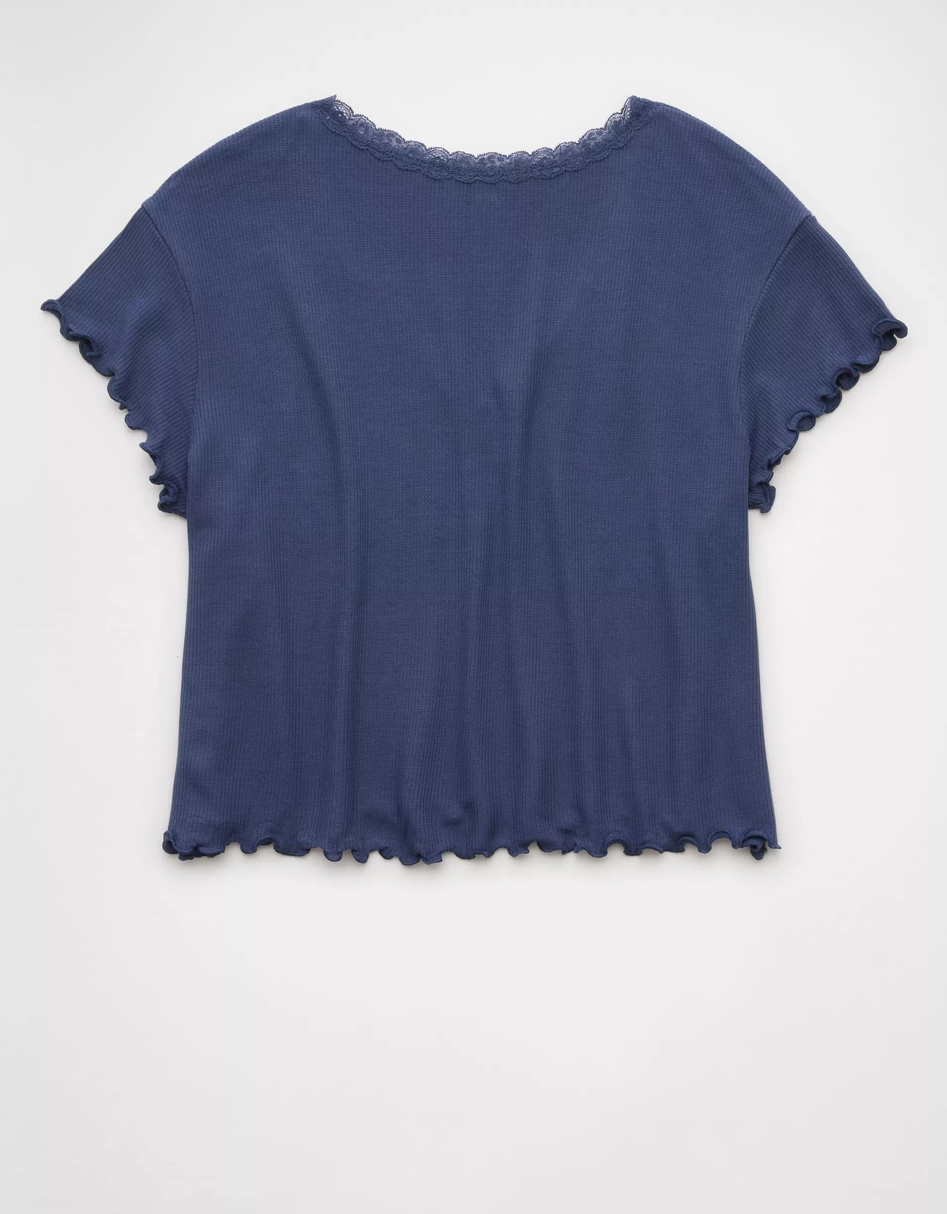 AE Soft & Sexy V-Neck Cropped Waffle T-Shirt Product Image