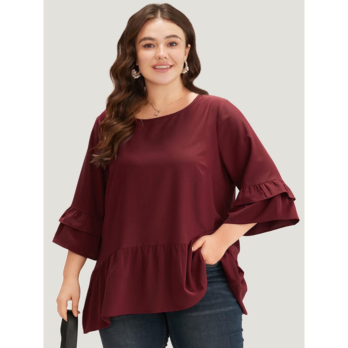 Plus Size Cyan Anti-Wrinkle Plain Ruffle Layered Sleeve Crew Neck Blouse Women Office Half Sleeve Round Neck Work Blouses BloomChic 14-16/1X Product Image
