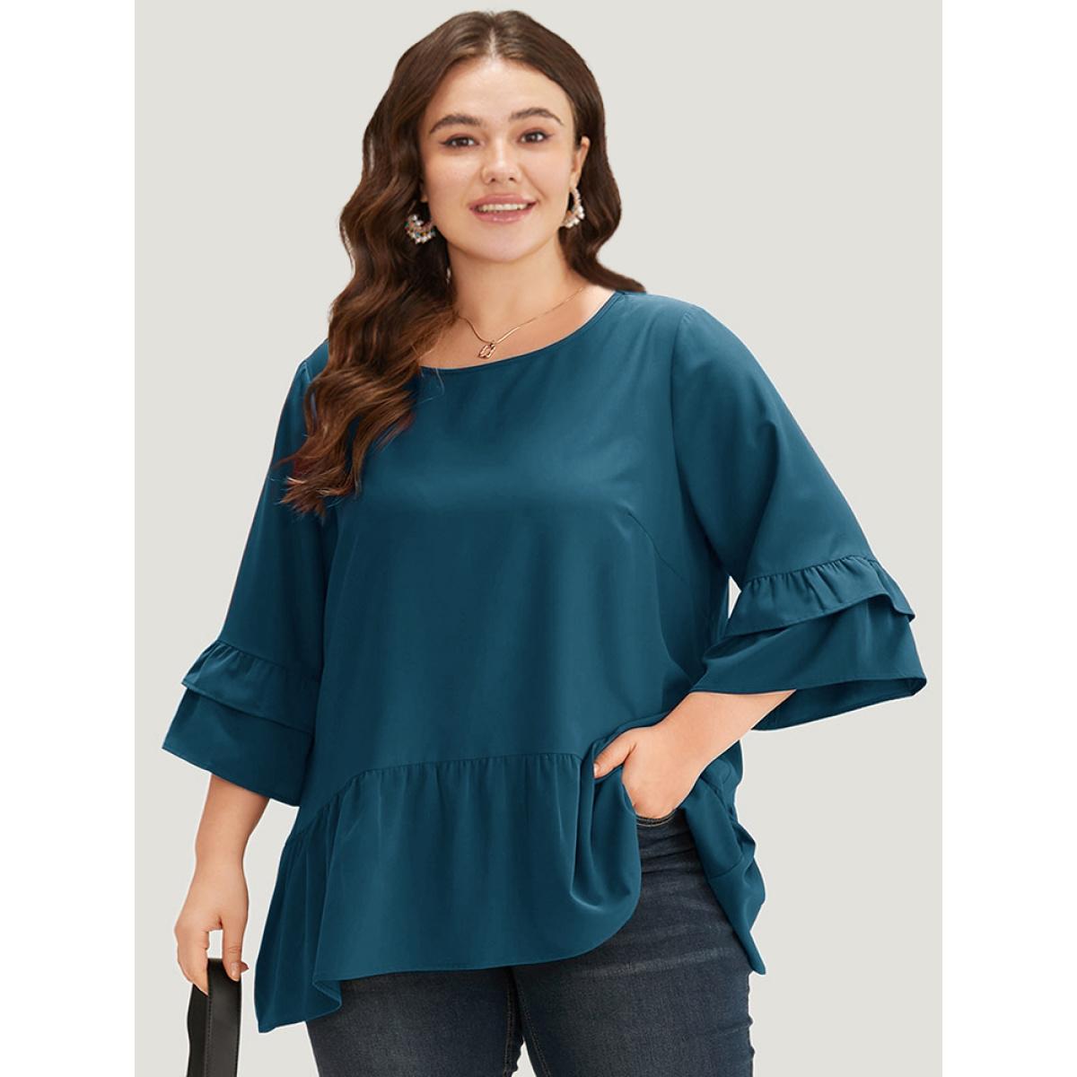 Plus Size Cyan Anti-Wrinkle Plain Ruffle Layered Sleeve Crew Neck Blouse Women Office Half Sleeve Round Neck Work Blouses BloomChic 14-16/1X Product Image