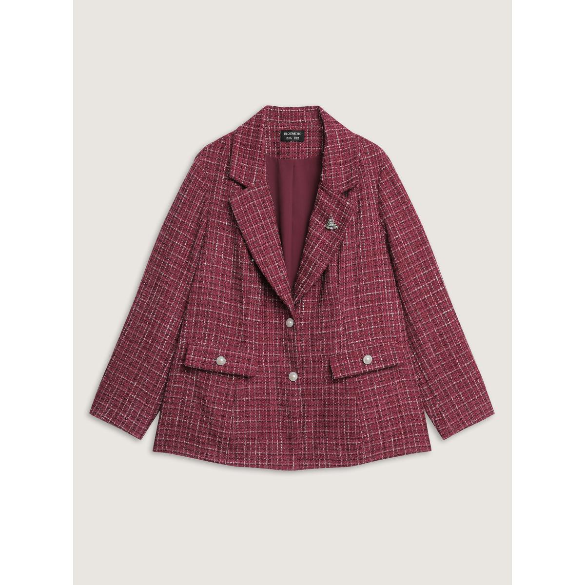 Plus Size Tweed Brooch Waist-Defining Blazer Burgundy Women Elegant Button Sleeve Extra Long Sleeve Suit Collar 14-16/1X Open pocket with flap Timeless Blazers BloomChic Product Image