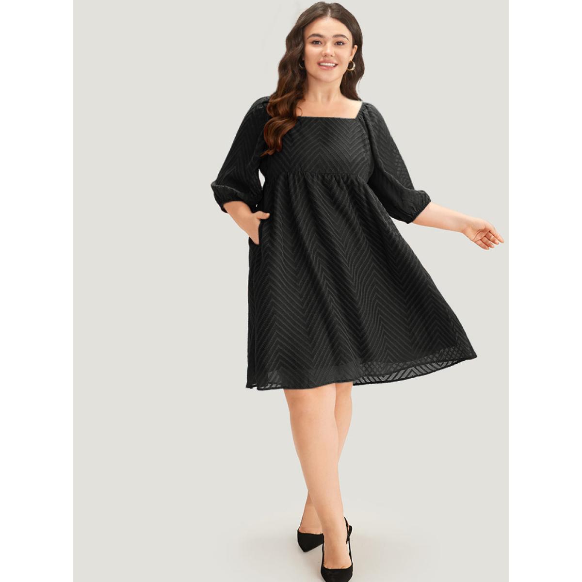 Plus Size Plisse Solid Square Neck Lantern Sleeve Dress Black Women Office Lined Square Neck Half Sleeve Curvy Midi Dress BloomChic 30/6X Product Image