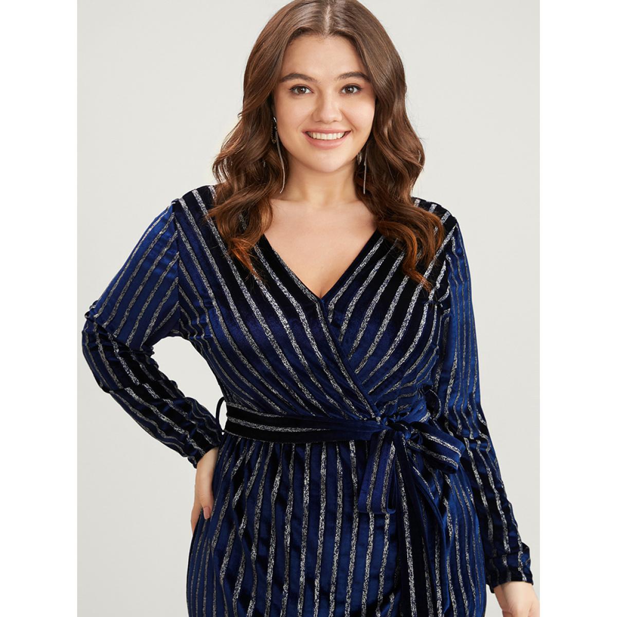 Plus Size Glitter Striped Wrap Belted Velvet Midi Dress Indigo Women Party Velvet V-neck Long Sleeve Curvy Midi Dress BloomChic 14-16/1X Product Image