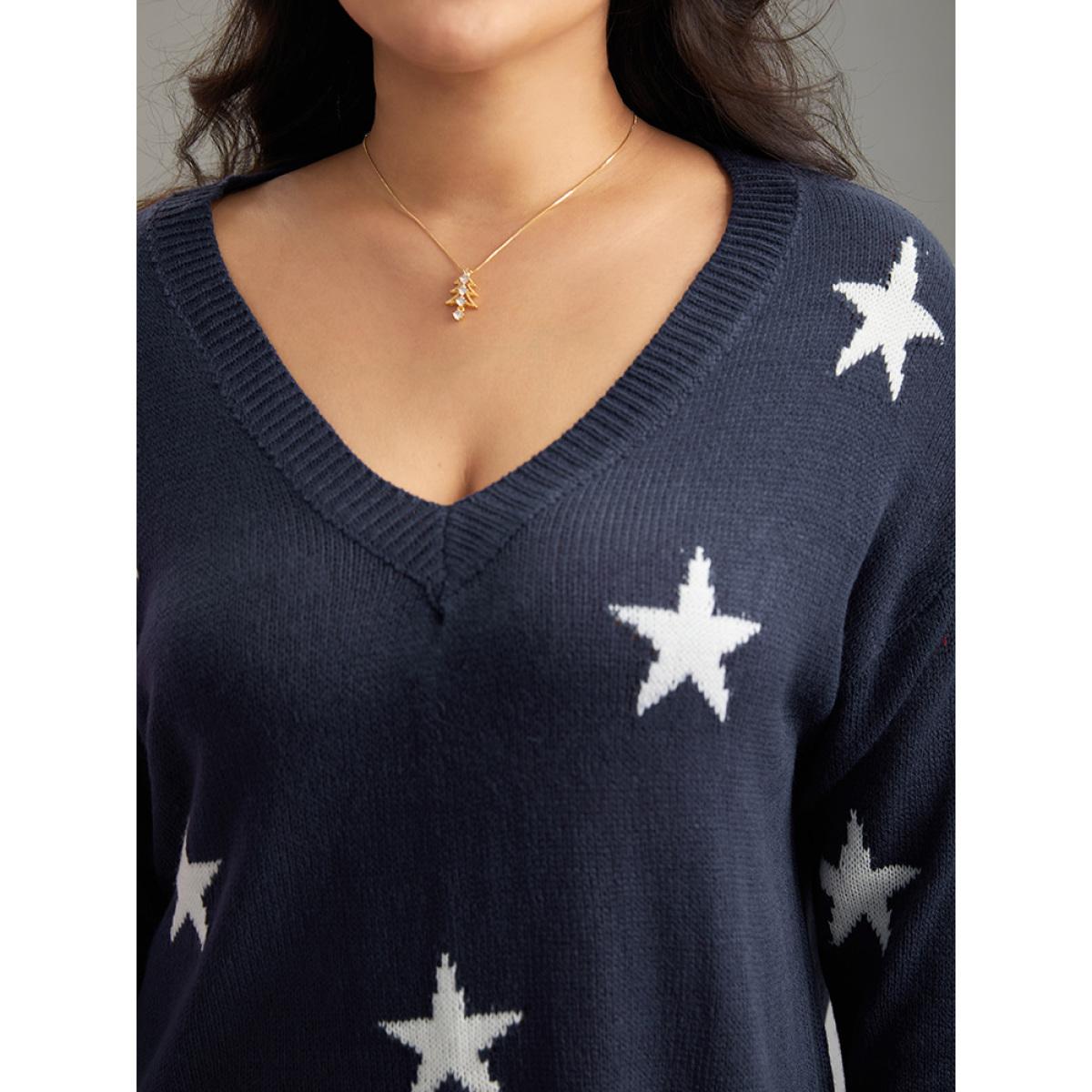 Plus Size Star Print Drop Shoulder Cardigan Indigo Women Casual Loose Long Sleeve V-neck Dailywear Pullovers BloomChic 28/5X Product Image