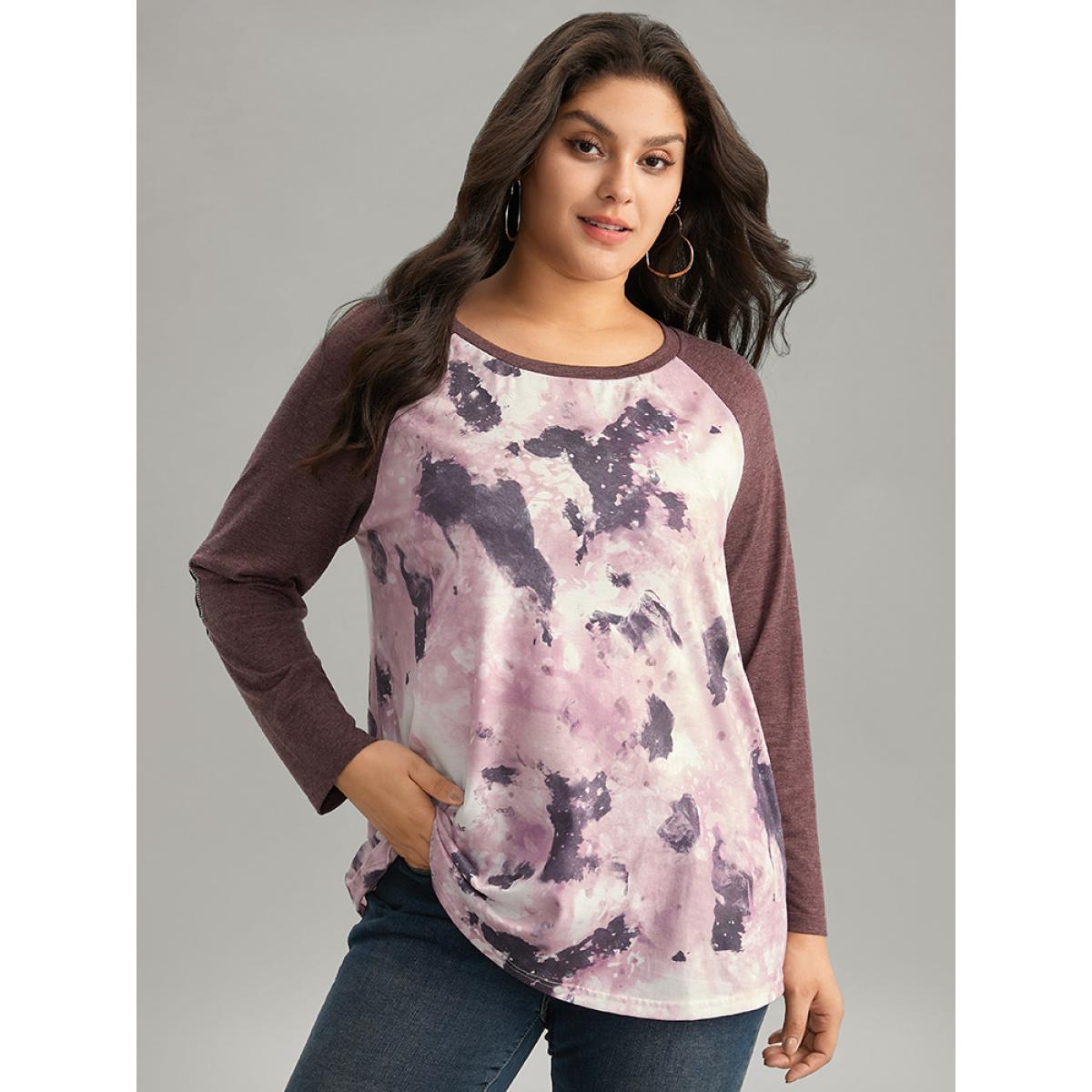 Plus Size Tie Dye Patchwork Contrast Raglan Sleeve T-shirt Multicolor Women Casual Contrast Tie Dye Round Neck Dailywear T-shirts BloomChic 10/M Product Image