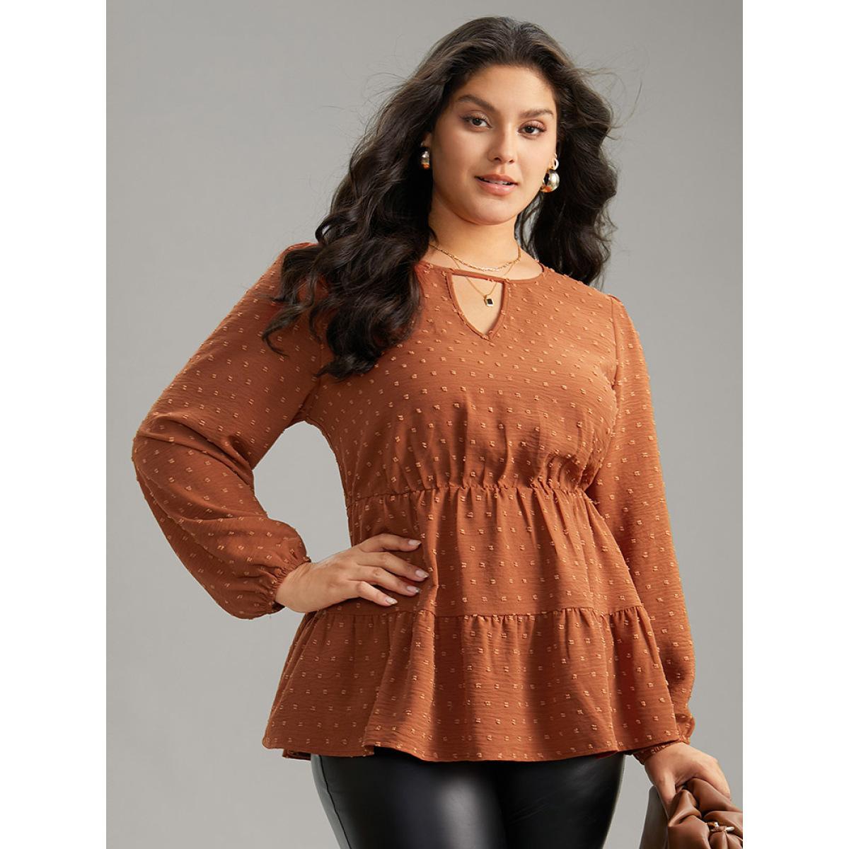 Plus Size Rust Textured Keyhole Ruffle Layered Hem Blouse Women Office Long Sleeve Keyhole Cut-Out Office Blouses BloomChic 22-24/3X Product Image