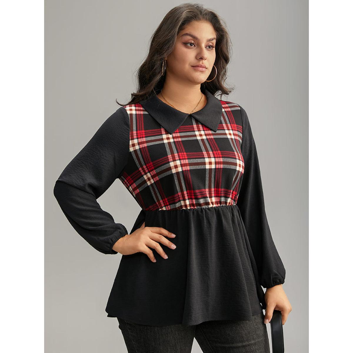 Plus Size Black Plaid Patchwork Lapel Collar Lantern Sleeve Blouse Women Office Long Sleeve Lapel Collar Office Blouses BloomChic 14-16/1X Product Image