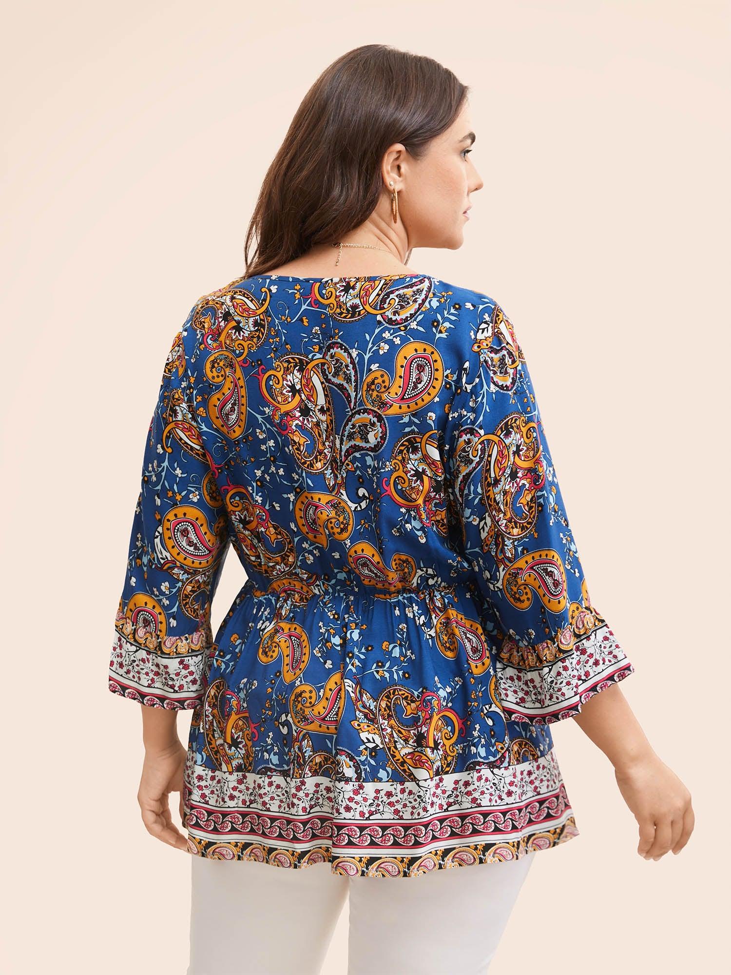 Boho Print Tie Knot Tassels Crisscross Blouse Female Product Image