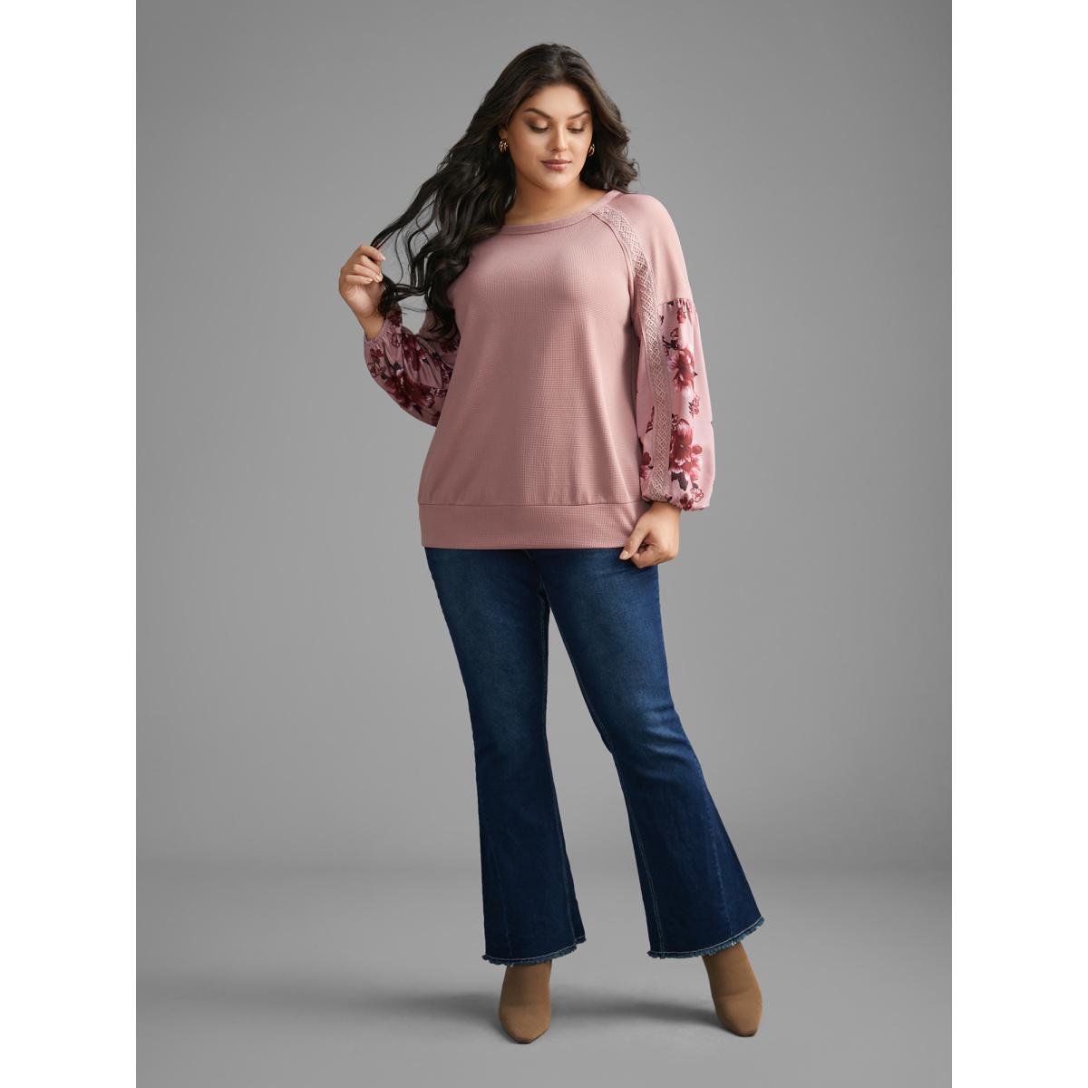 Plus Size Round Neck Floral Patchwork Woven Ribbon Sweatshirt Women Multicolor Elegant Woven ribbon&lace trim Round Neck Everyday Sweatshirts BloomChic 14-16/1X Product Image