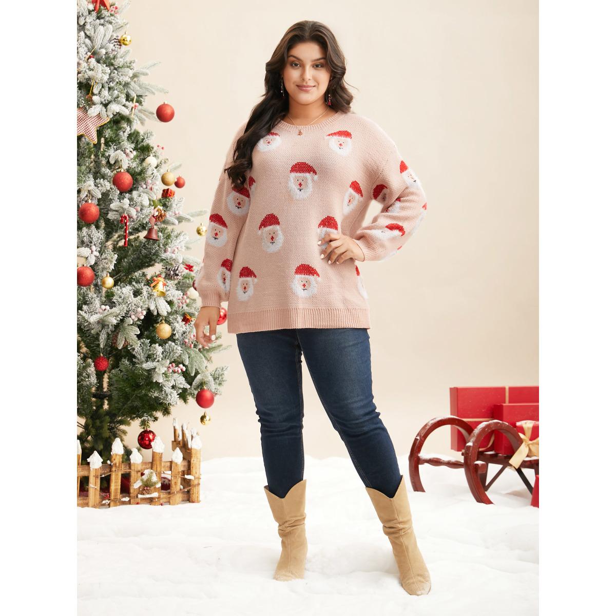Plus Size Holiday Printed Balloon Sleeves Pullover Nudepink Women Casual Loose Long Sleeve Round Neck Everyday Pullovers BloomChic 12/L Product Image