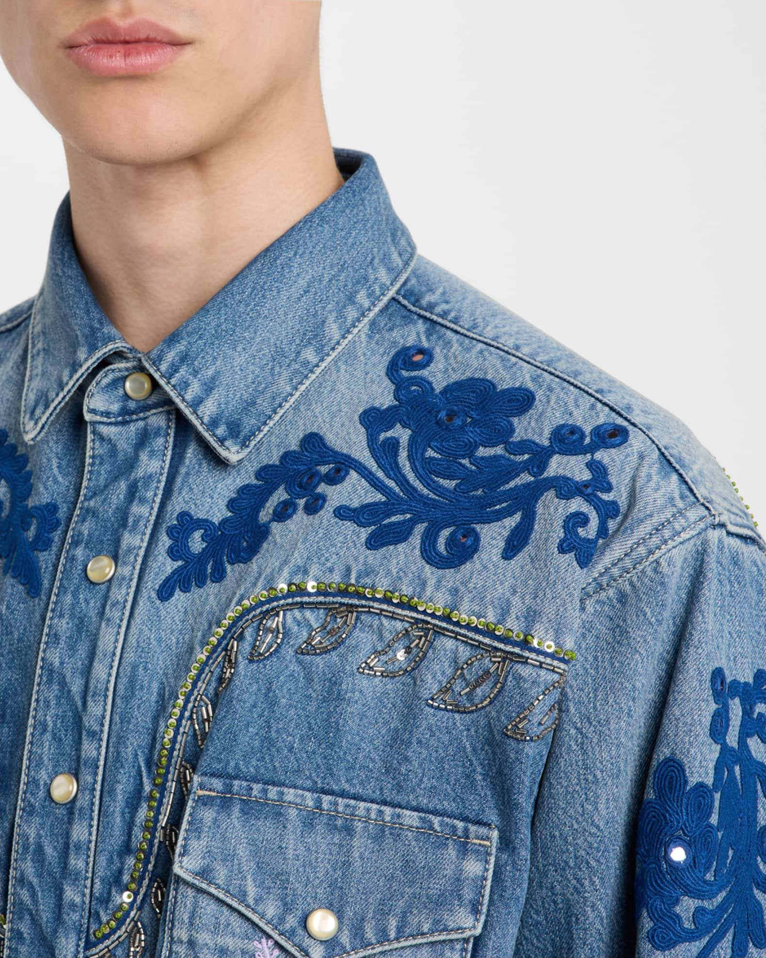Men's Mixed-Embroidery Denim Shirt Product Image