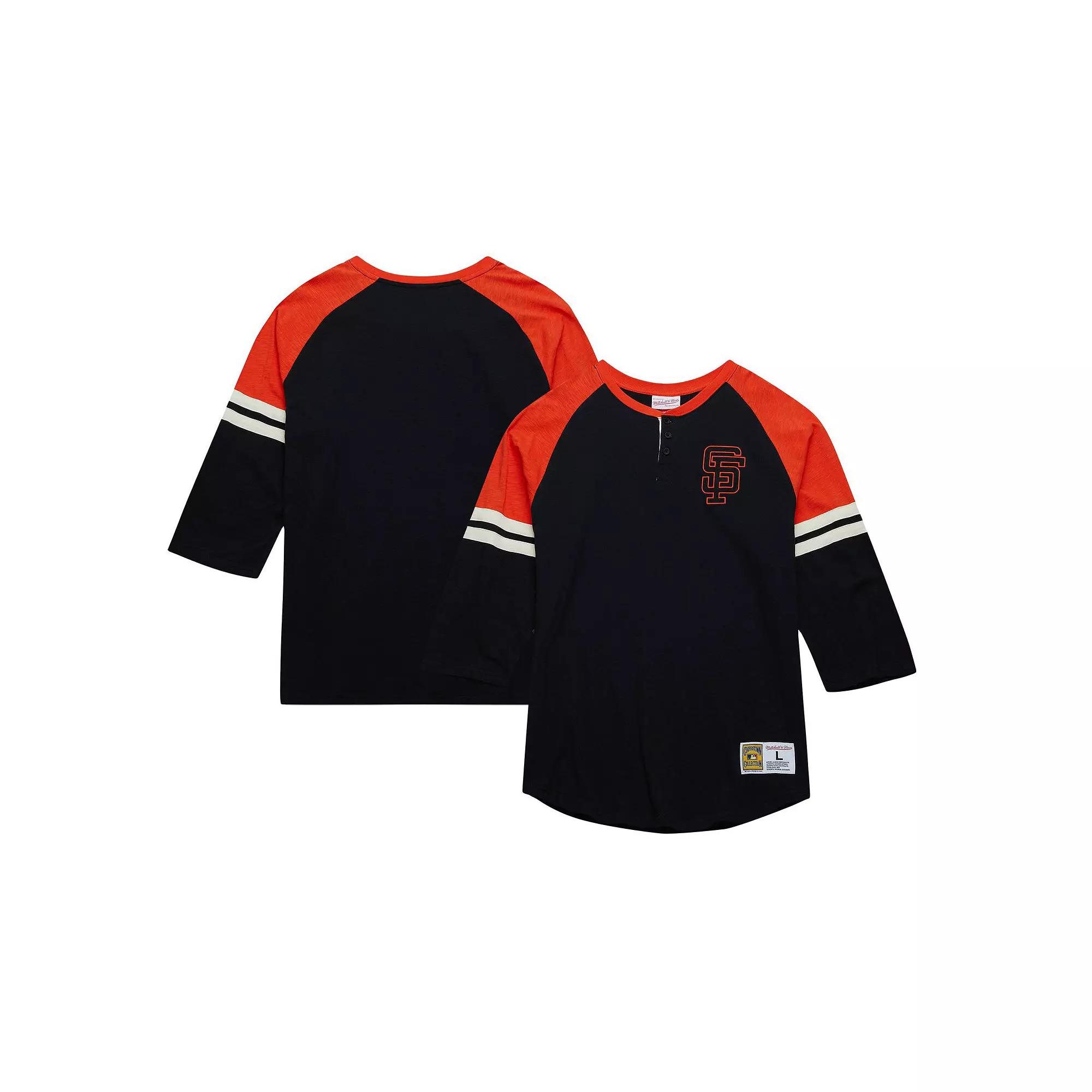 Men's Mitchell & Ness Black San Francisco Giants Cooperstown Collection Legendary Raglan Slub Henley 3/4-Sleeve T-Shirt, Size: 3XL Product Image