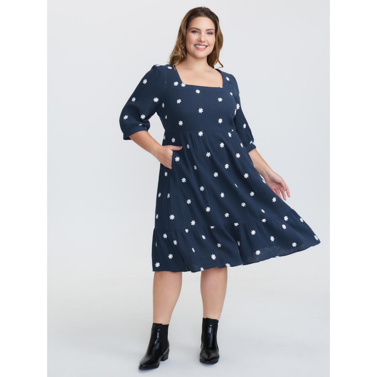 Plus Size Pure Cotton Embroidered Square Neck Midi Dress Navy Women Leisure Embroidered Square Neck Elbow-length sleeve Curvy BloomChic 30/6X Product Image