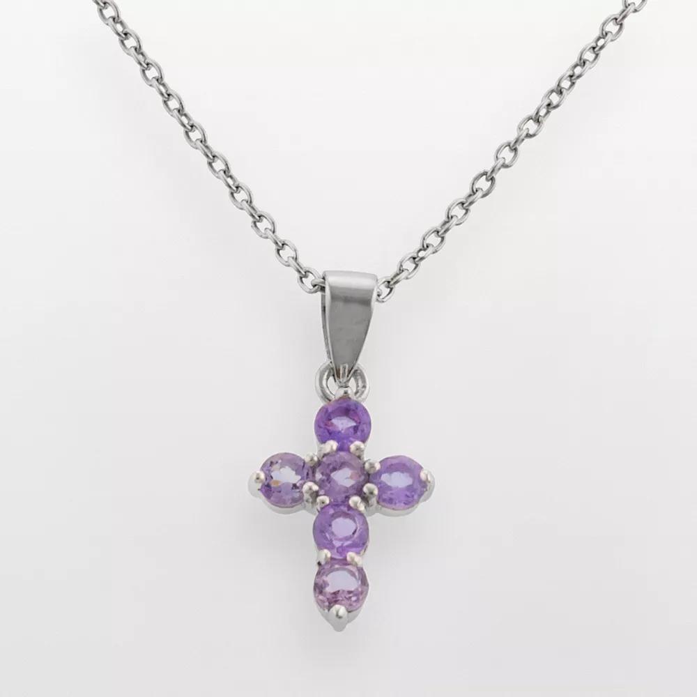 Silver Plated Amethyst Cross Pendant, Women's, Size: 18" Product Image