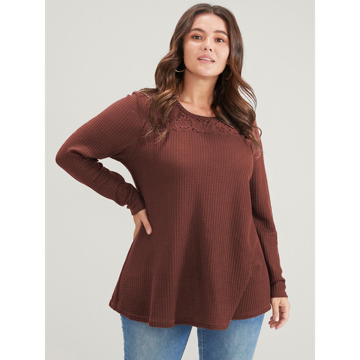 Plus Size Solid Crochet Lace Waffle Knit Sweatshirt Women Rust Elegant Patchwork Round Neck Dailywear Sweatshirts BloomChic 18-20/2X Product Image