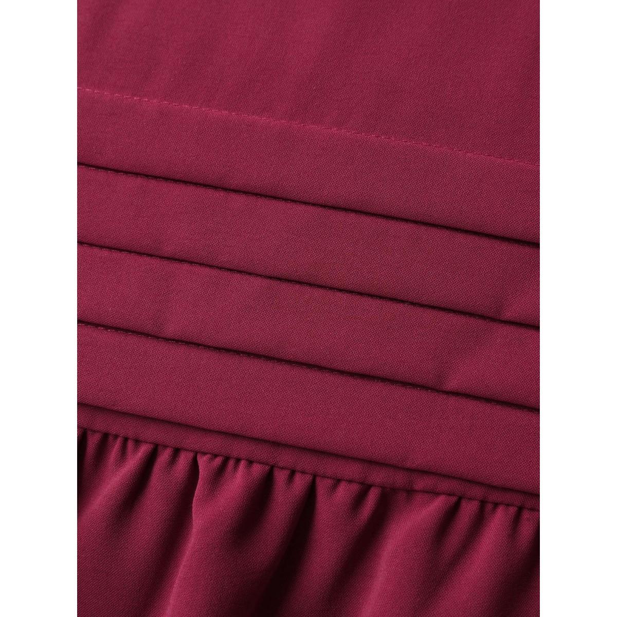 Plus Size Stretchy Waist Tiered Tie Knee-Length Dress Burgundy Women Playful Flat collar with V-notch Elbow-length sleeve Curvy BloomChic 12/L Product Image