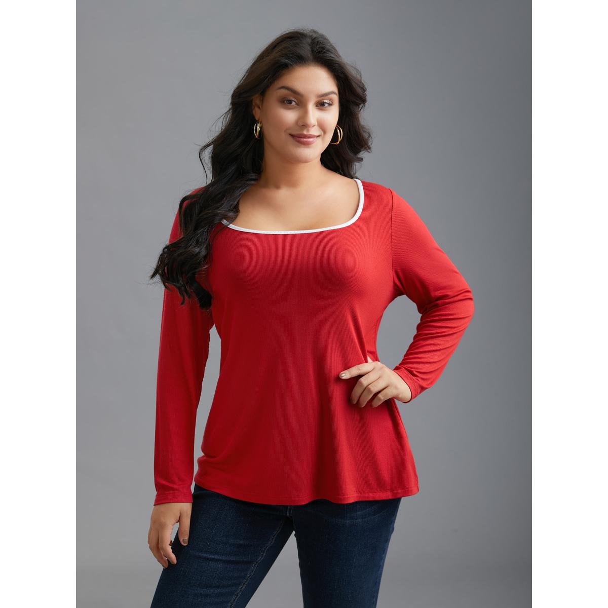 Plus Size Square Neck Contrast Trim T-shirt Crimson Women Casual Texture Square Neck Bodycon Everyday T-shirts BloomChic 26/4X Product Image