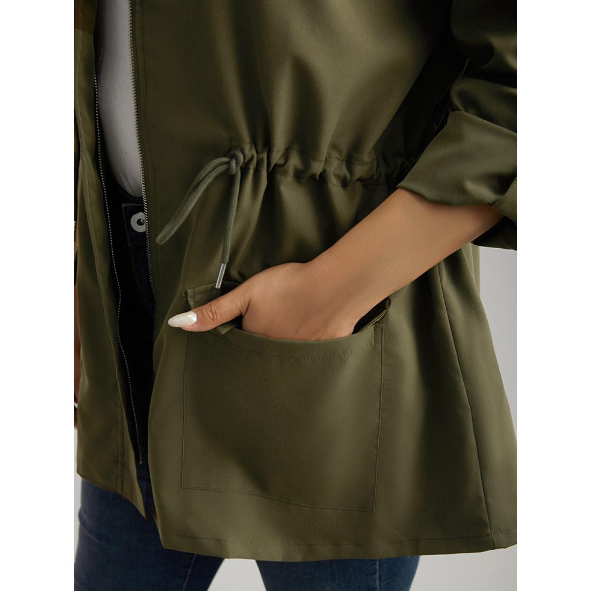 Plus Size Solid Zipper Drawstring Tab Sleeve Trench Coat Women ArmyGreen Casual Plain Ladies Dailywear Winter Coats BloomChic 22-24/3X Product Image
