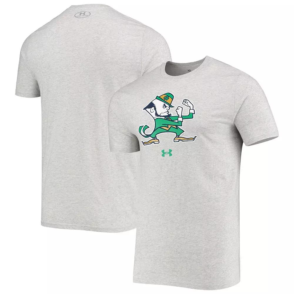 Men's Under Armour Heathered Gray Notre Dame Fighting Irish Mascot Logo Performance Cotton T-Shirt, Size: 3XL, Grey Product Image