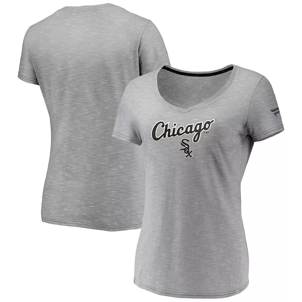Women's Fanatics Branded Gray Chicago White Sox Wordmark & Logo Space-Dye V-Neck T-Shirt, Size: Small, Grey Product Image