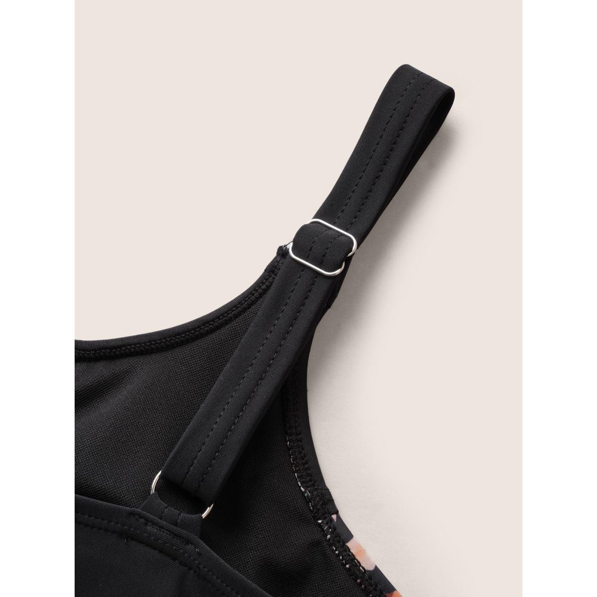 Plus Size Patchwork Leopard Print Gathered Swim Top Women's Swimwear Black Beach Gathered High stretch Bodycon U-neck Curve Swim Tops BloomChic 12/L Product Image