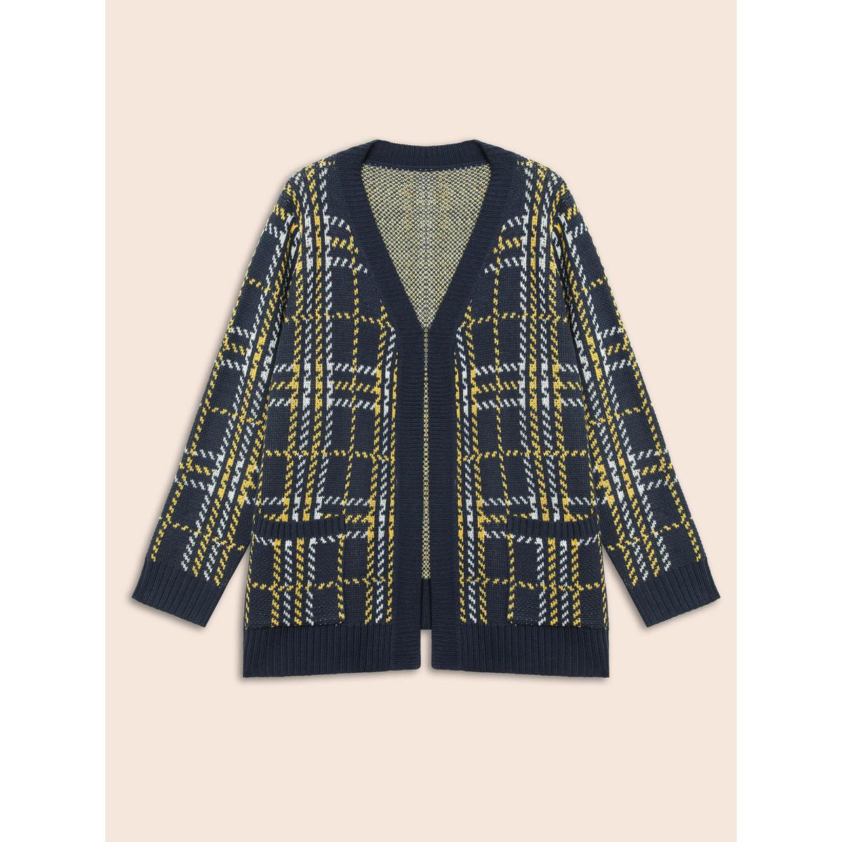 Plus Size Kimono Collar Plaid Pocket Cardigan Indigo Women Casual Loose Long Sleeve Everyday Cardigans BloomChic 14-16/1X Product Image