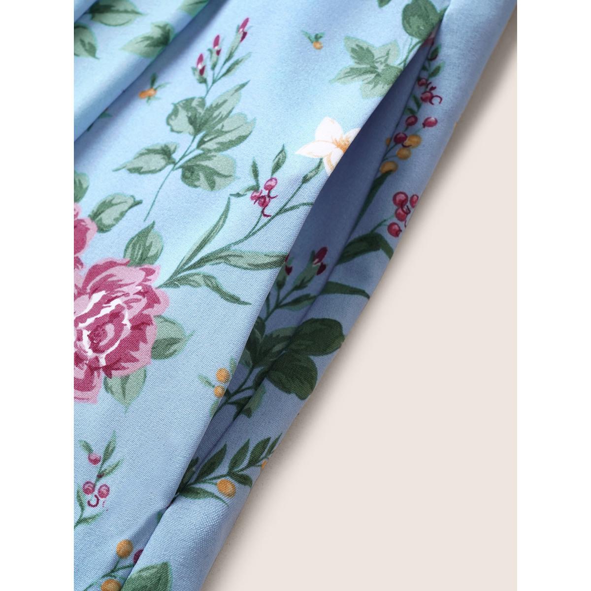 Plus Size Floral Heart Neckline Shirred Lantern Sleeve Dress LightBlue Women Elegant Gathered Heart neckline Short sleeve Curvy Midi Dress BloomChic 12/L Product Image