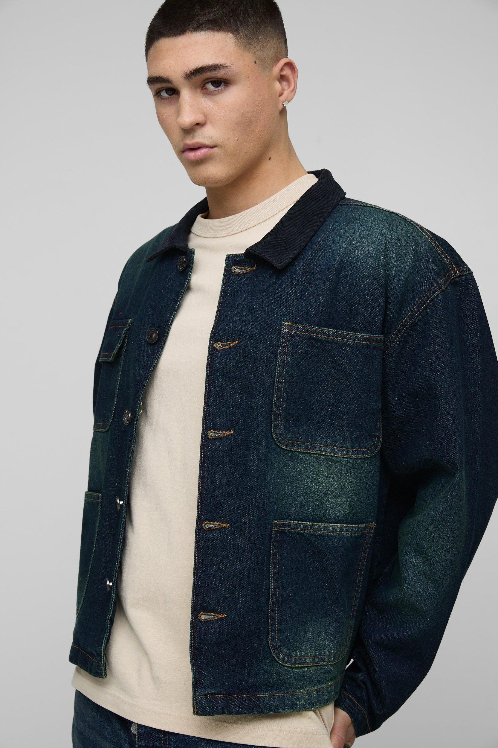 Regular Vintage Washed Cord Collar Jean Jacket | boohooMAN USA Product Image