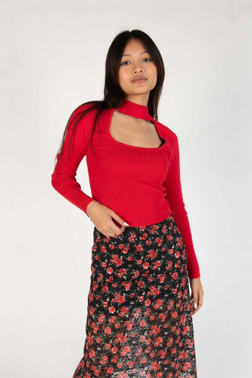 Red Ribbed Mock Neck Cut Out Sweater Product Image