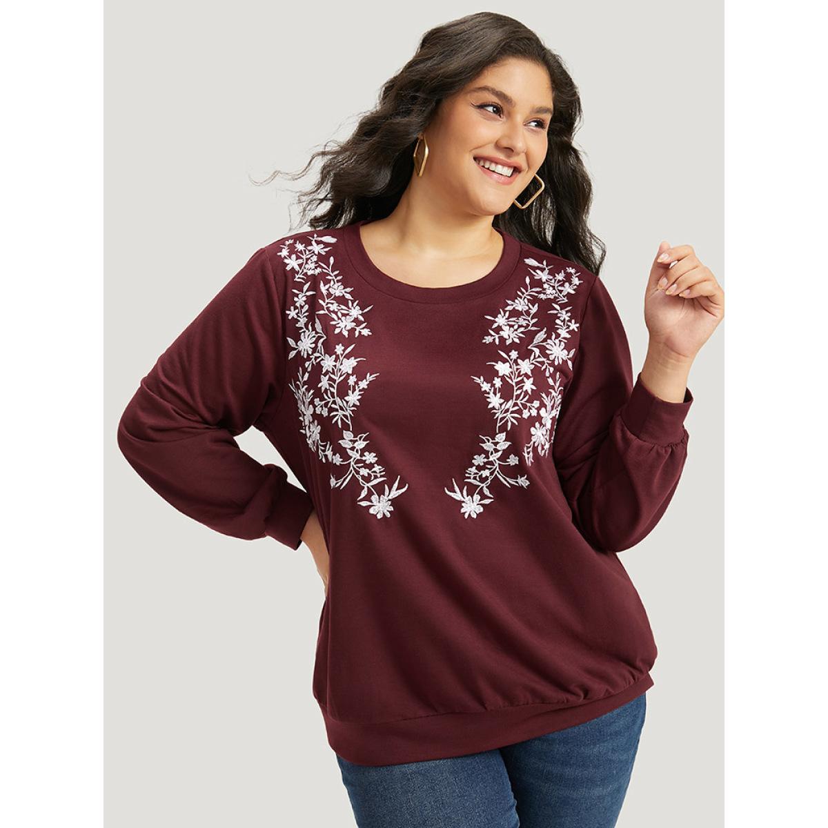 Plus Size Silhouette Floral Print Embroidered Crew Neck Sweatshirt Women Burgundy Casual Elastic cuffs Round Neck Dailywear Sweatshirts BloomChic 12/L Product Image