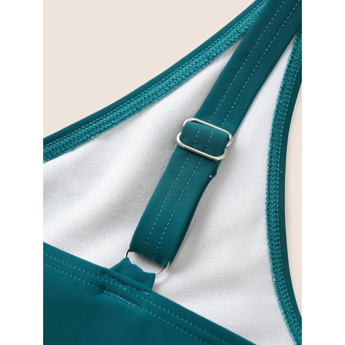 Plus Size Solid Keyhole Tiered Ruffle Hem Swim Top Women's Swimwear Cyan Beach Non High stretch Bodycon V-neck Curve Swim Tops BloomChic 30/6X Product Image