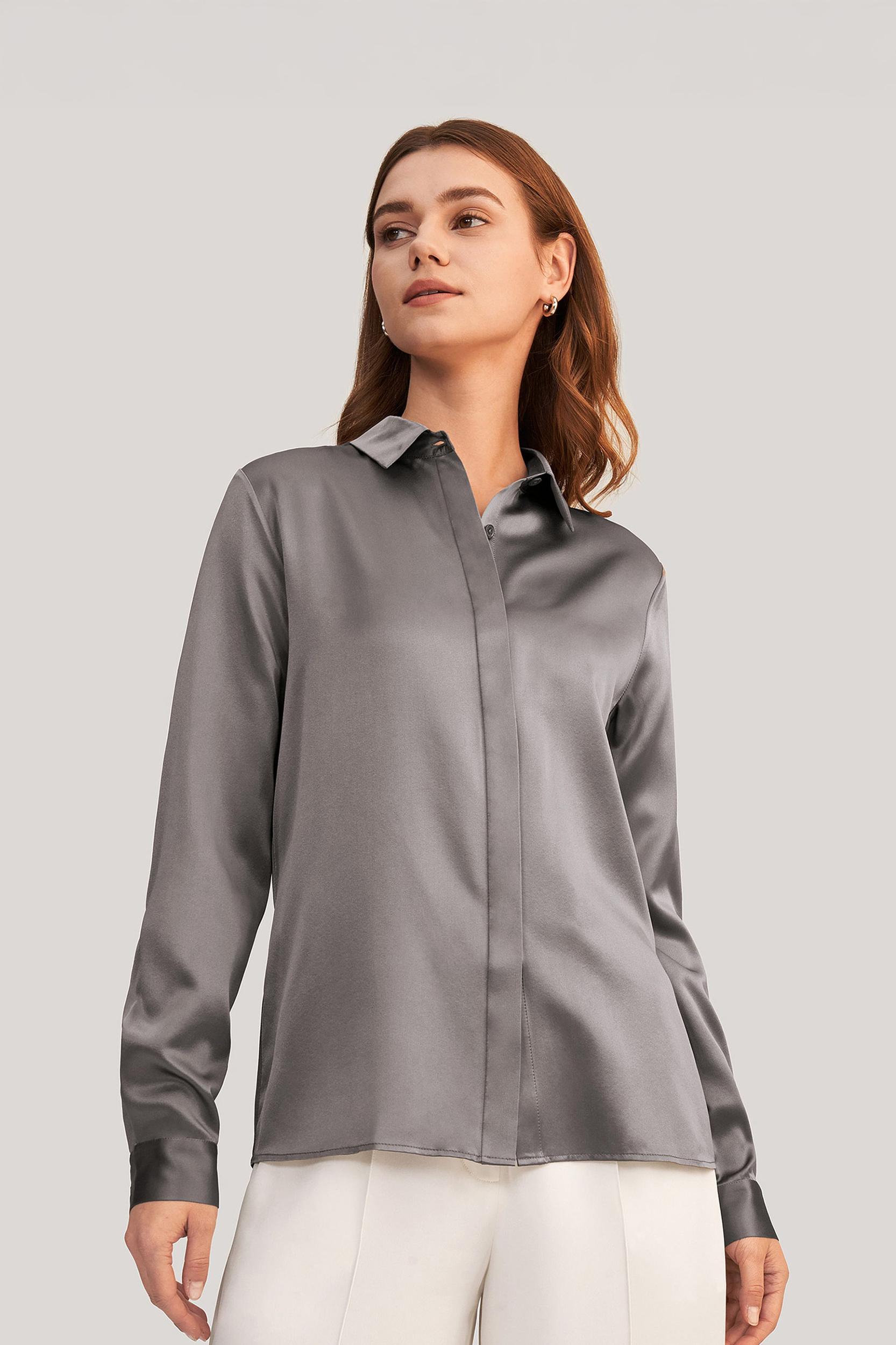 Basic Concealed Placket Silk Shirt Product Image