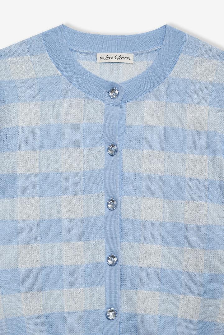 Brushed Gingham Knit Cardigan — Blue Product Image