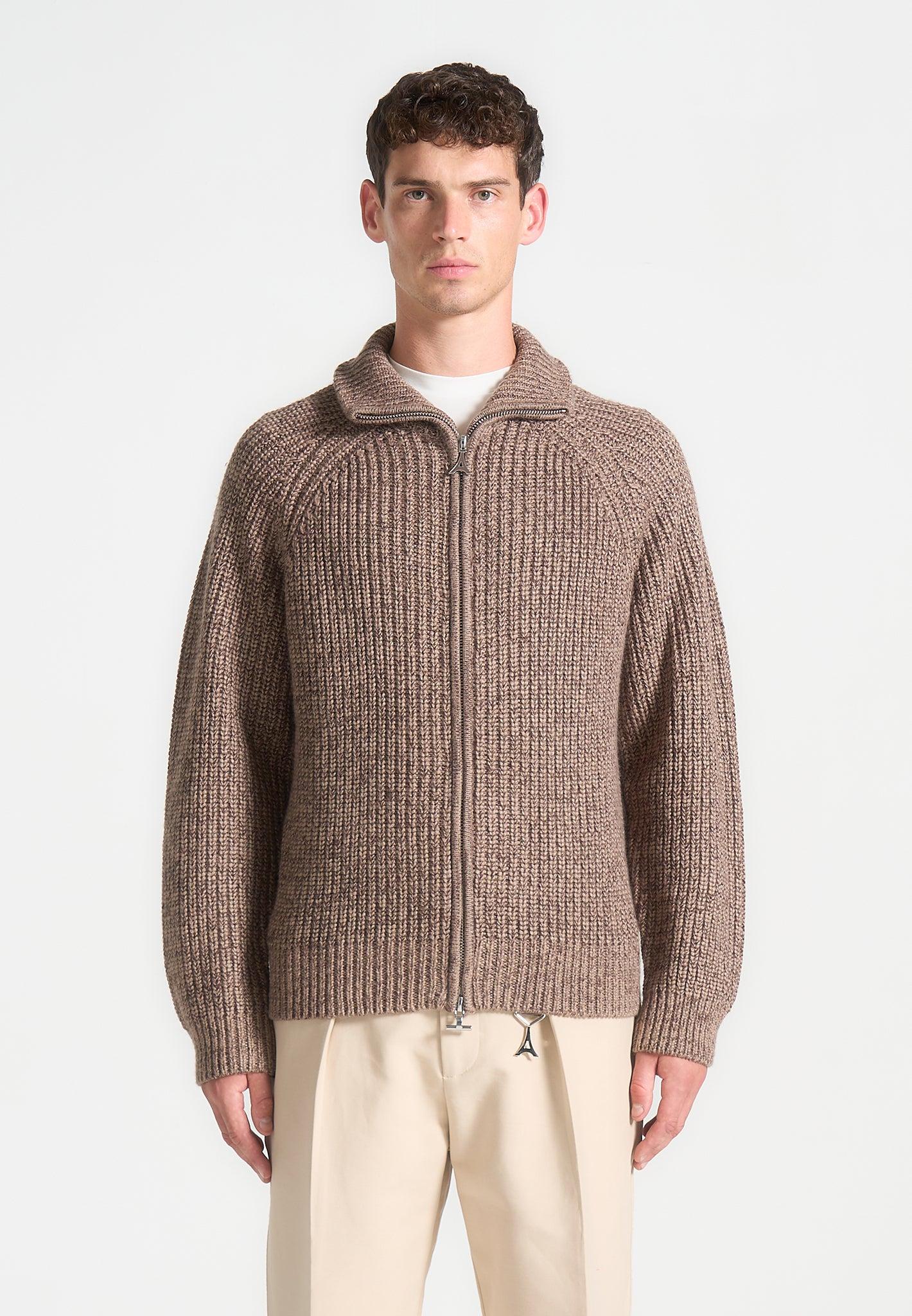 Speckled Wool Zip Up Cardigan - Taupe Male Product Image