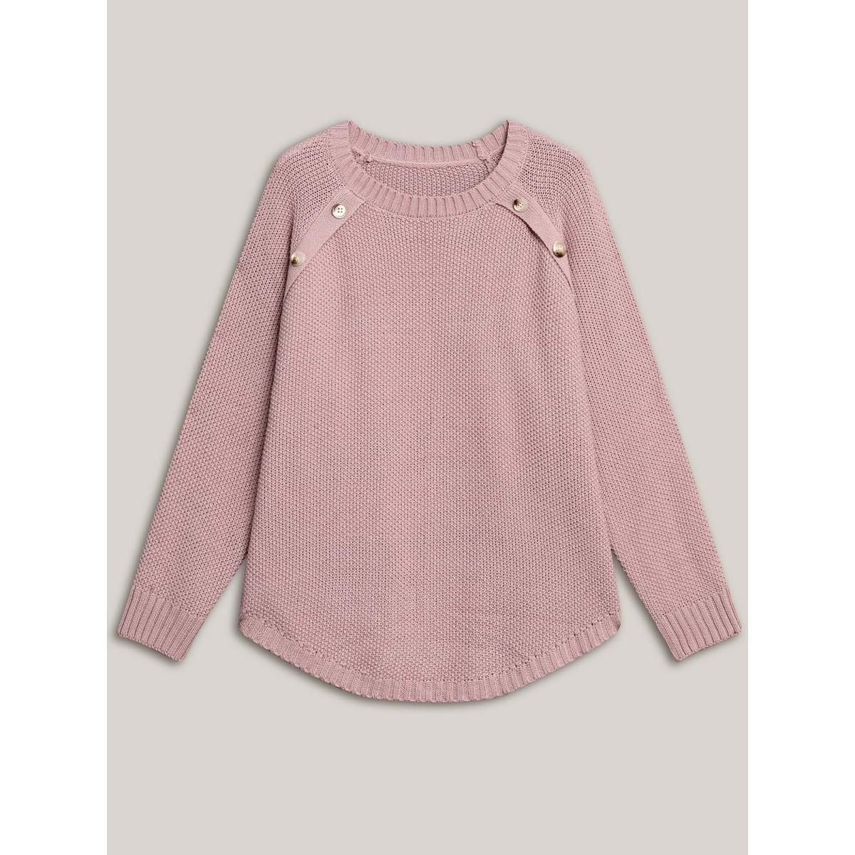 Plus Size Plain Textured Button Detail Curved Hem Pullover Dirtypink Women Leisure Loose Long Sleeve Round Neck Casual Pullovers BloomChic 14-16/1X Product Image