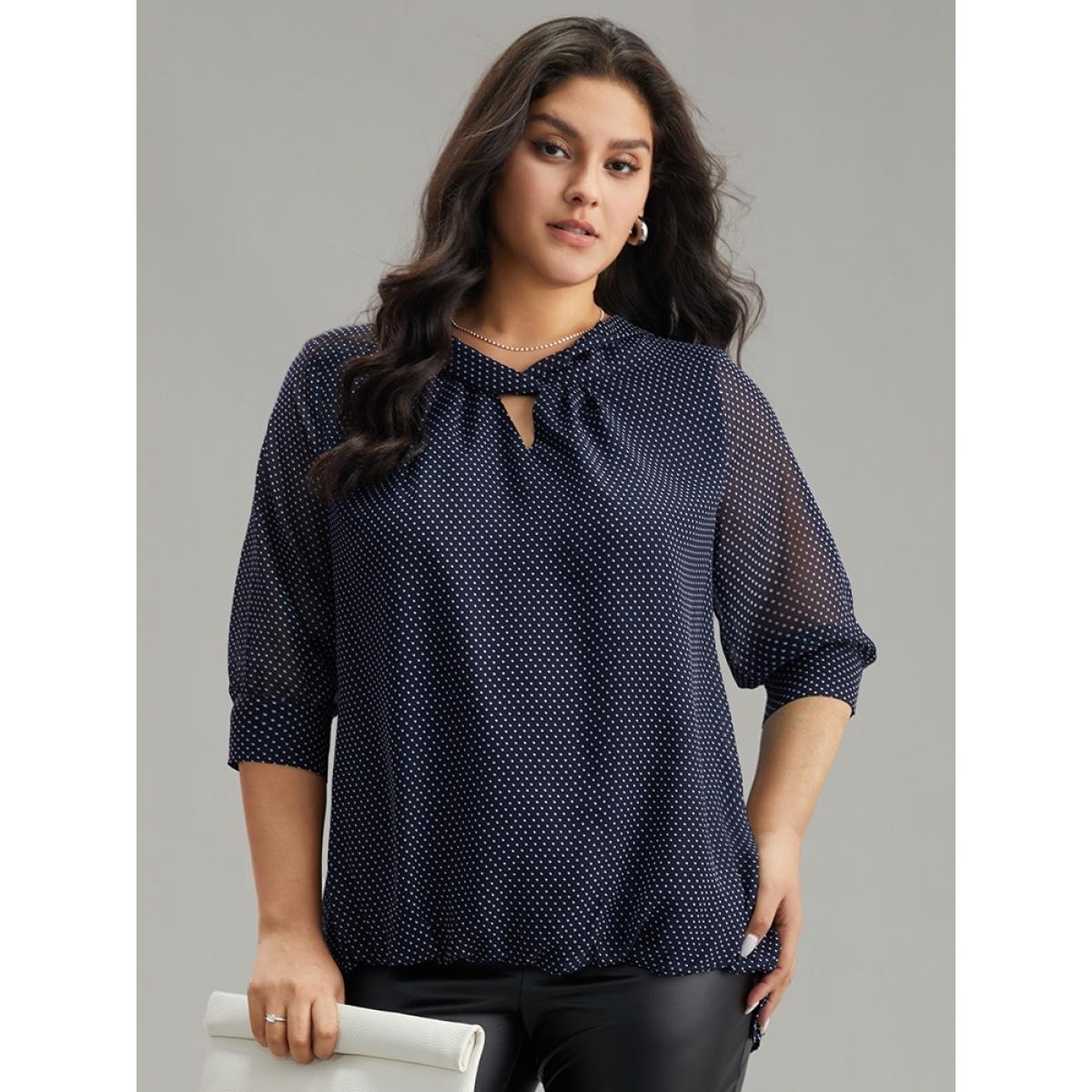Plus Size Indigo Chiffon Polka Dot Mesh Keyhole Twist Front Blouse Women Office Elbow-length sleeve Round Neck Work Blouses BloomChic 14-16/1X Product Image
