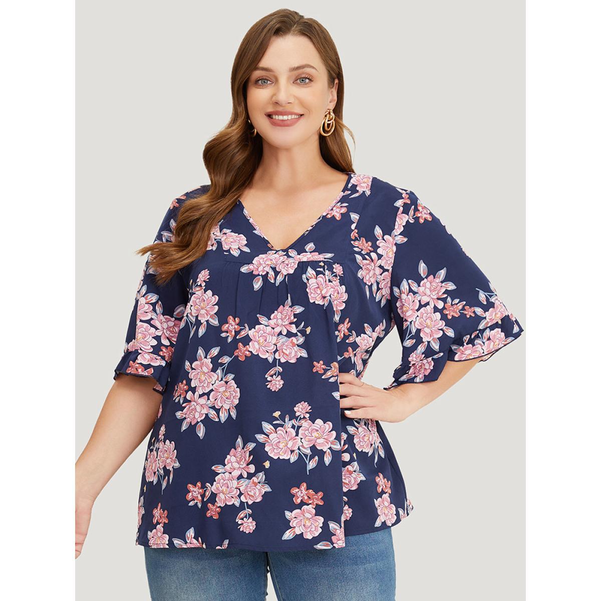 Plus Size Indigo Floral Printed Gathered Ruffle Sleeve Blouse Women Elegant Half Sleeve V-neck Dailywear Blouses BloomChic 14-16/1X Product Image