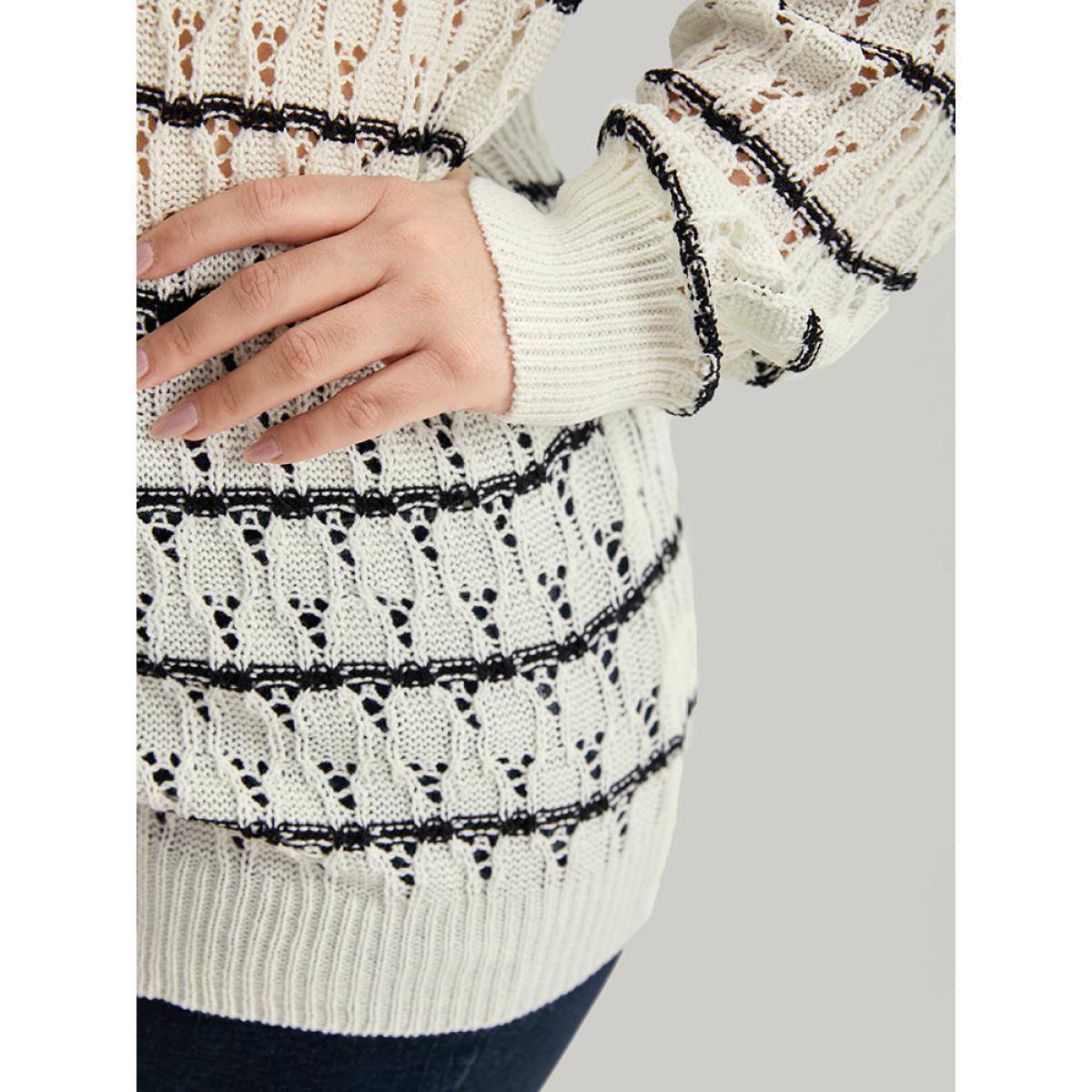 Plus Size Striped Hollow Out Lapel Collar Pullover Beige Women Casual Bodycon Long Sleeve Lapel Collar Dailywear Pullovers BloomChic 18-20/2X Product Image