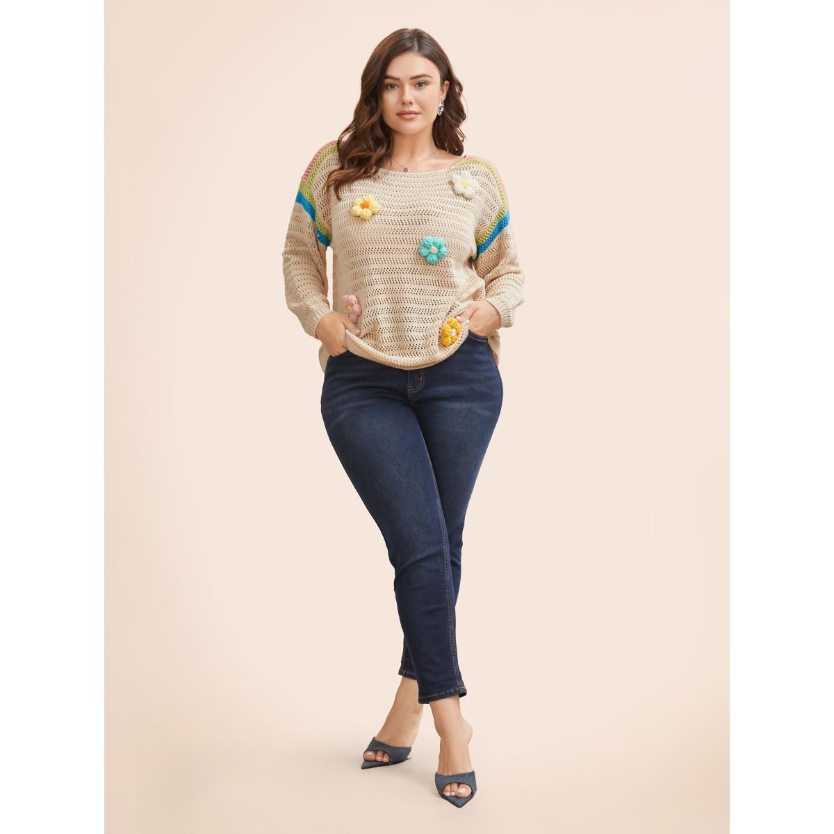 Plus Size Colored Stereo Flower Design Pullover Beige Women Casual Three Quarter Length Sleeve Boat Neck Everyday Pullovers BloomChic 26/4X Product Image