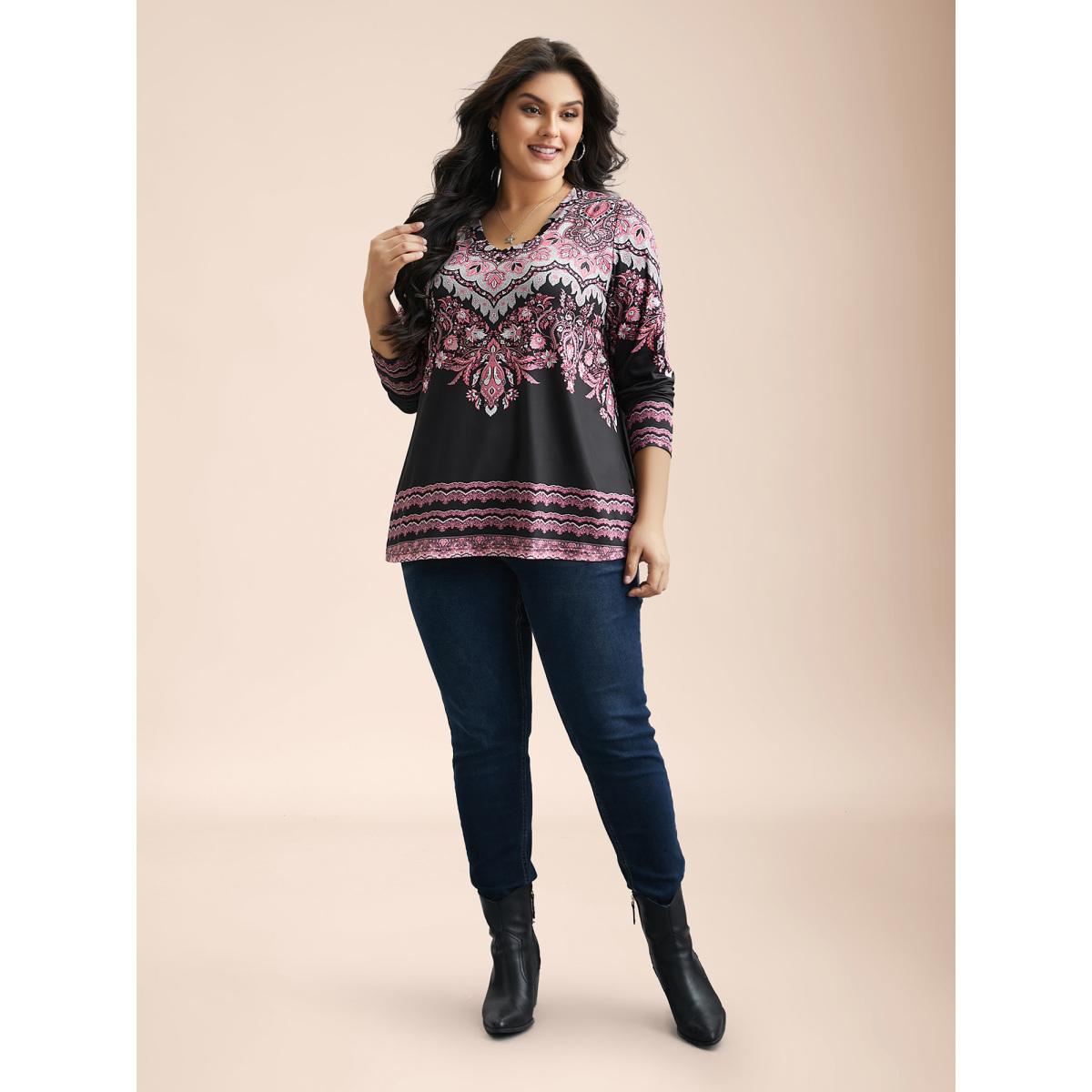 Plus Size Stretchy Boho Print Full Sleeve T-Shirt Black Women Casual Contrast V-neck Everyday T-shirts BloomChic 22-24/3X Product Image