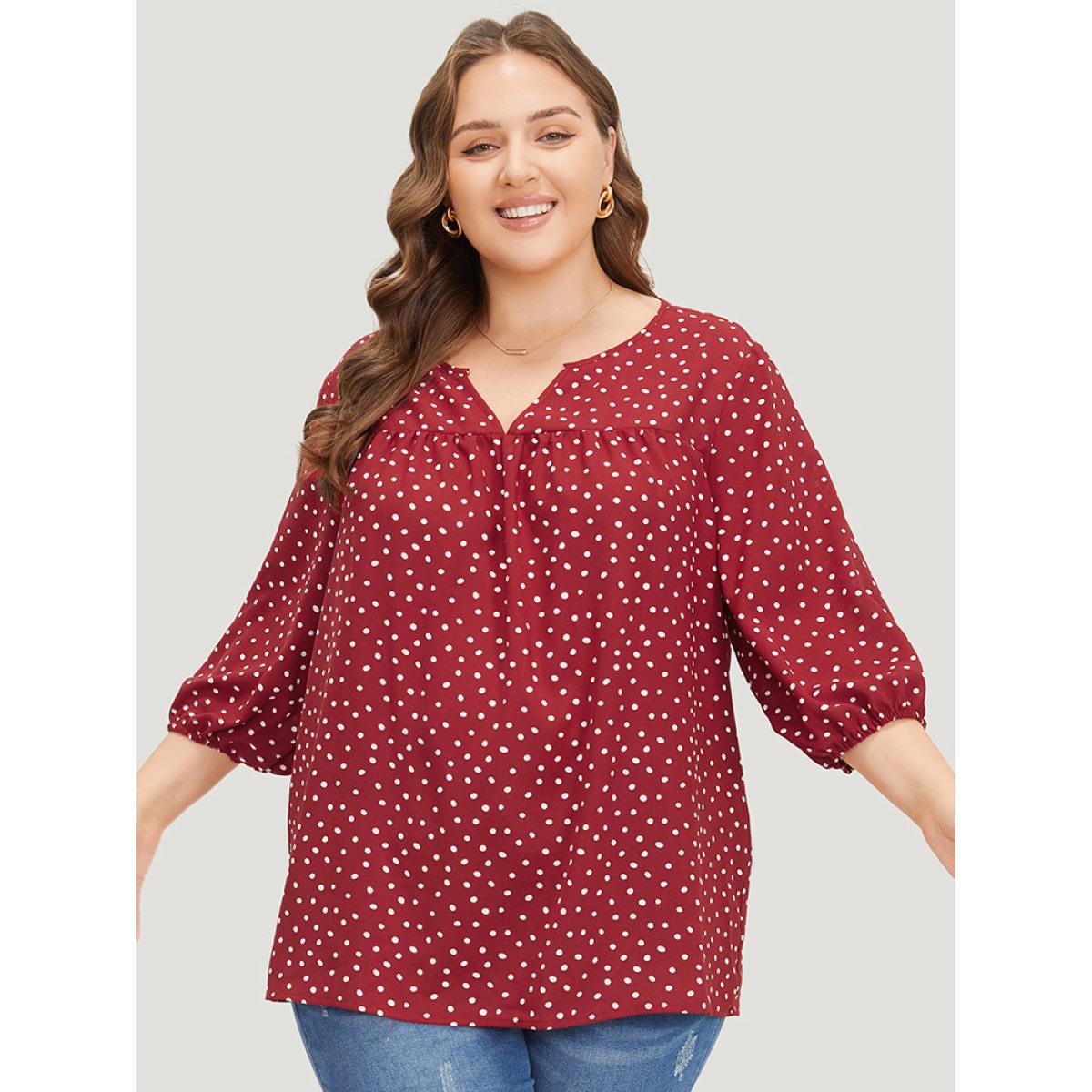 Plus Size Scarlet Polka Dot Notched Plicated Detail Lantern Sleeve Blouse Women Elegant Elbow-length sleeve Notched collar Dailywear Blouses BloomChic 18-20/2X Product Image